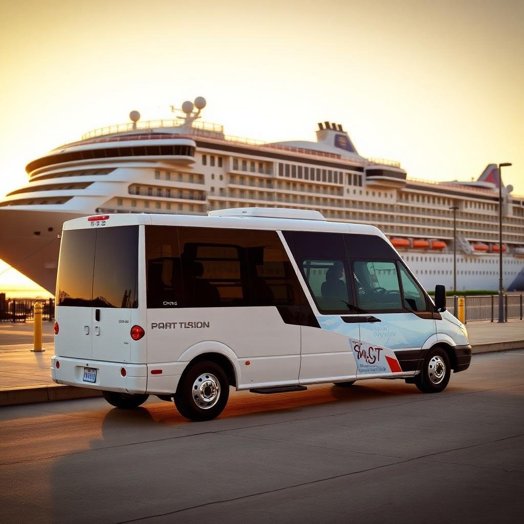 Shuttle van at Port of Galveston with cruise ship in the background