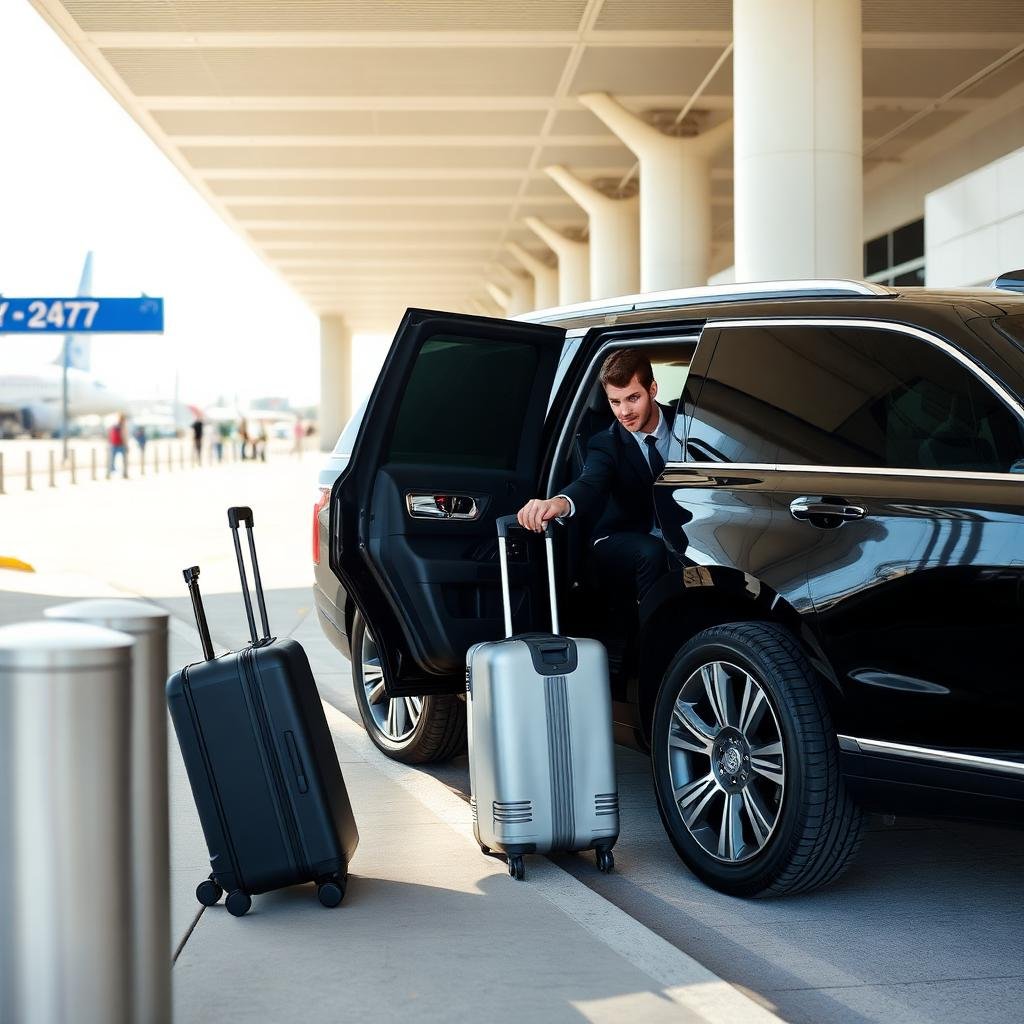 Black luxury SUV picking up passengers at Houston IAH airport