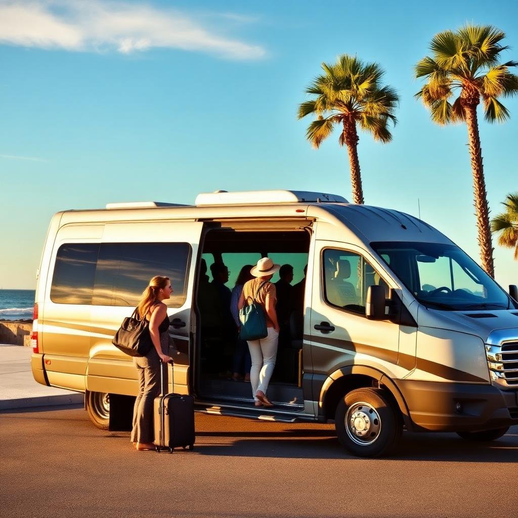 Passengers boarding a shuttle van along the Galveston coast